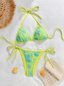 SHEIN Swim 2025年夏季新款女士泳衣海滩度假甜美星星和马卡龙色图案三角下装和三角上装性感两件套 - 黃色 - 查看 2