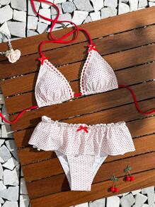Swim Mod 2pcs/Set Women Polka Dot Print Triangle Halter Bow Knot Ruffled Hem Swimwear Bikini Set For Summer Beach Vacation - Red and White - View 2