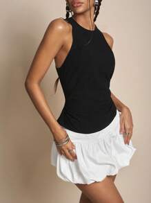 Easelle Top sin espalda casual y sexy con nudo en la cintura, negro