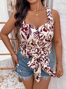 SHEIN Clasi Conjunto de top con tirantes y top tipo tank con cuello en V floral y dobladillo con moño para mujer de talla grande - Multicolor - Ver 4