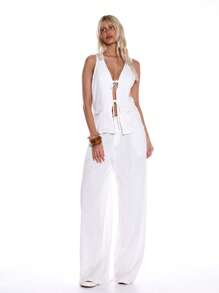 MUSERA Cute Linen Look Tie Up Waistcoat For Spring Summer Vacation Beach, Holiday Sailored By The Sea - White - View 4