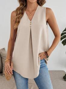 EMERY ROSE Women V-Neck Solid Color Casual Vacation Tank Top, Suitable For Summer - Apricot - View 3