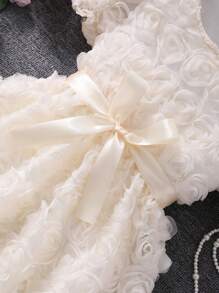 Elegant Girls Solid Color Puff Sleeve 3D Flower Decor Dress With Belt, Summer - Apricot - View 5