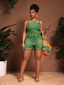 Slaydiva Plus Size Sheer Sleeveless Halter Neck Top & Shorts Two Pieces Sweater Outfit - Green - View 7