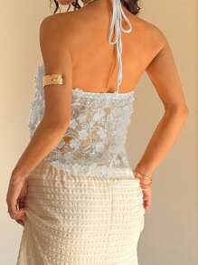 Sunnyshic Top con cuello halter de espalda abierta con decoración floral 3D de lentejuelas, sexy para el verano