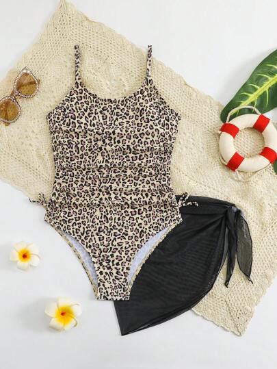 SHEIN Tween Girls Leopard Print 1-Piece Swimsuit And Cover Up Skirt, Summer Beach Vacation Kids Swimming ,Kids Beachwear Summer Summer Bathing Suits 1pc For Teens Summer Bathing Suits For Teens Bathing Suits For Teens Sets Summer Holiday