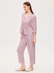 LUVLETTE Soft Rayon Basic Pink Striped Patterned Bat-Shaped Short Sleeves Button-Up Top & Pants Women Loungewear Airy Pajama Set Pants With Pockets Lingerie Bridal Intimates, Fall Clothes - Pink - View 10