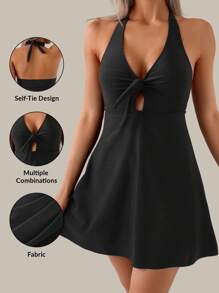 SHEIN Swim Women's Tie Front V-Neck Hollow Modest Elegant High-End Halter Neck Beach Dress Swimsuit Cover Up, Spring/Summer - Multicolor - View 1