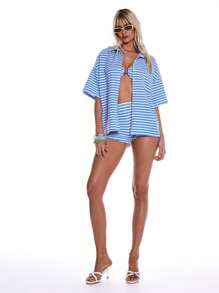 MUSERA Cute Velour Stripe Oversized Button Up Short Sleeve Shirt For Spring Summer Vacation Beach Holiday Sailored By The Sea Co-Ord Set Festival Ibiza Oversized Shirt