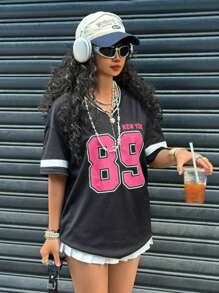 SHEIN Leap Crew 少女时尚宽松V领短袖T恤，针线活，字母数字印花，春夏季 - 黑色 - 查看 5