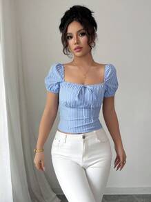 Elenzga 女士条纹方领前系带短款泡泡袖修身衬衫 - 藍色 - 查看 1