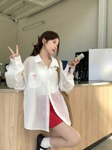 DAZY 女士/女孩休闲蝴蝶结印花长袖衬衫，秋装 - 白色 - 查看 10