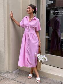 Serisse Women's Striped Bat Sleeve Cinched Waist Casual Long Shirt Dress Summer Pink - Pink - View 6