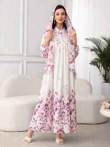 SHEIN Najma Váy thanh lịch in hoa nhún bèo kèm khăn trùm đầu - Hồng - Xem 2