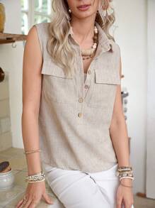 LanaWest Women's Linen Sleeveless Casual Shirt For Summer - Khaki - View 5