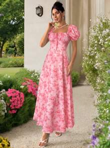 Firerie Women's New Blue And White Flowers Sexy Square Collar Puff Sleeve Floral Print Front Tie Dress,Bohemian Dress,Suitable For Valentine's Day, Concert, Performance, Date, Party, Gala, Wedding Season, Sexy, Elegant, Commute, Back To School, Vacation, Beach, Romantic Summer Dresses For Women - Pink - View 3