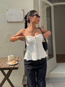 Siren Gaze Parte superior texturizada de mujer con hombros descubiertos y volantes con lazo delantero de unicolor - Albaricoque - Ver 3