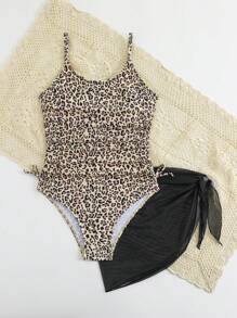 SHEIN Costum de baie 1 piesă cu imprimeu leopard pentru fete Tween și fusta acoperită, vacanță de vară la plajă