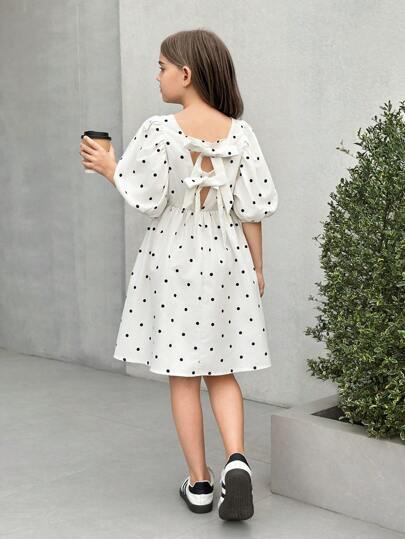 SHEIN Nova Glow Tween Girl 宽松舒适派对泡泡袖蝴蝶结装饰露背波尔卡圆点印花 A 字连衣裙，适合外出、活动、派对、度假、春夏季