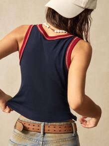 Bohemela Áo ba lỗ không tay bó sát cổ tròn màu sắc đơn giản ngày độc lập BOHO mùa hè dành cho nữ - Màu xanh lam - Xem 7