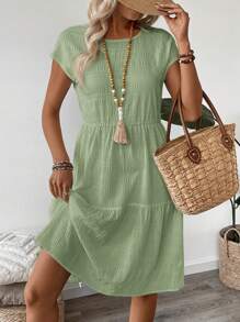 EMERY ROSE Women's Summer Geometric Pattern Print Round Neck Short-Sleeve Dress,Sun Dresses For Women,Mint Green Dress - Aqua Green - View 3