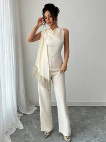 Chiquease Combinaison élégante pour femme avec encolure drapée et lien à franges - Nude - Voir 1