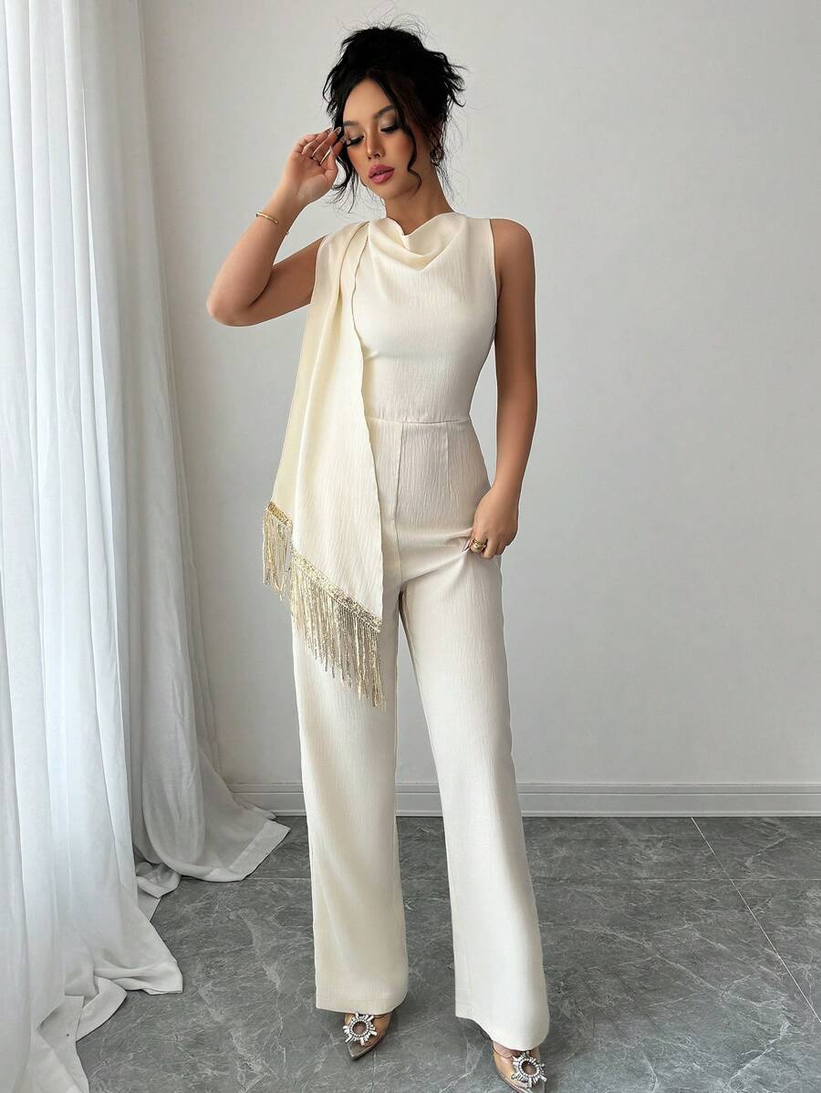 Chiquease Combinaison élégante pour femme avec encolure drapée et lien à franges - Nude - Voir 1