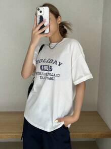 DAZY Letter Graphic Drop Shoulder Oversized Tee HOLIDAY 1961 WORK LIFE BALANCE ENJOYABLE Summer - White - View 2