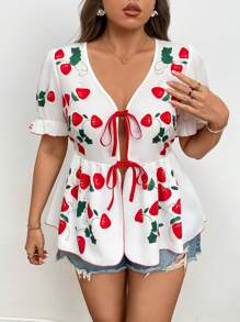 Flirla Plus Size Summer Casual Strawberry Print Tie-Up Shirt