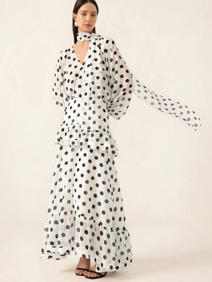 Aveloria Rosie Blusa con volantes y mangas acampanadas con lazo a lunares estilo clásico francés, combinada con falda de gasa de doble capa con volantes en el bajo, conjunto de 2 piezas para mujer de estilo elegante y de moda para primavera y otoño