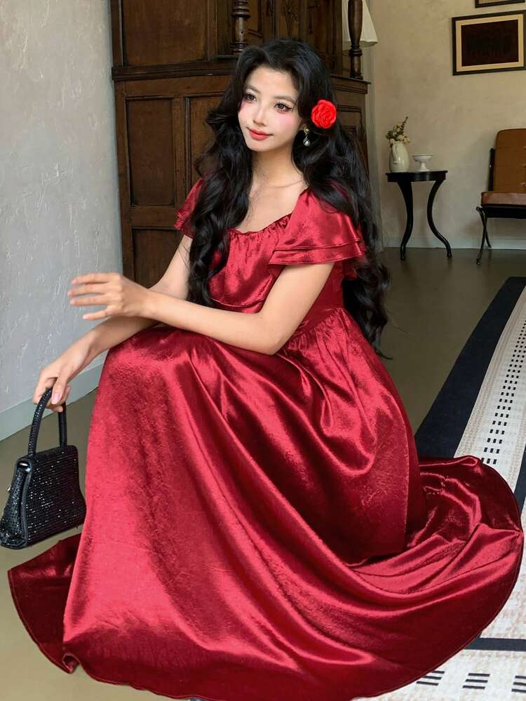 Women Spring/Summer Solid Color Flounce Hem Midi Formal Dress Red Women Dresses Christmas
