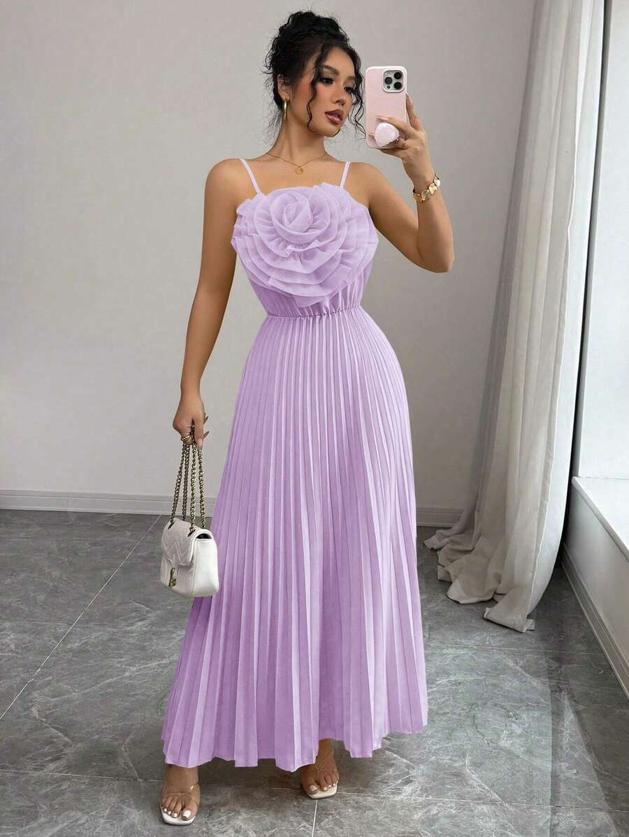 Rafferiza French Elegant Floral Decor Waist Pleat A-Line Dress, Yellow Color, Suitable For Daily Wear & Party, Women, Spring/Summer - Mauve Purple - View 1
