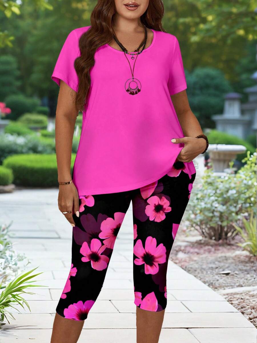 EMERY ROSE 2pcs/Set Plus Size Women's Ditsy Floral T-Shirt And 3/4 Length Pants Set, Casual Outfit For Mother's Day, Spring/Summer Suitable For Going Out