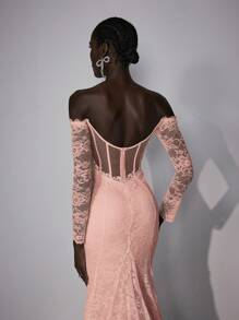 Elitara Women's Elegant Romantic Lace Off Shoulder Long Sleeve Floral Splice Decor Fish Tail Hem Splice Triangular Slit Backless U-Shape Backless Big Draped Maxi Dress For Wedding Events, Bride - Coral Pink - View 2