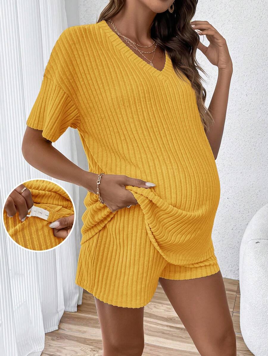 SHEIN Yellow Maternity Two-Piece Knitted Set: Casual Rib-Knit V-Neck Short Sleeve Top And Shorts Outfit For Stylish Moms-To-Be - Yellow - View 1