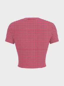 INAWLY Women's Multicolored Angora Blend Retro Plaid Pearl Bow Graphic T-Shirt - Multicolor - View 2