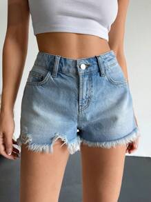 EURMUSE Casual Bleashed Ripped Raw Trim Denim Shorts - Medium Wash - View 6