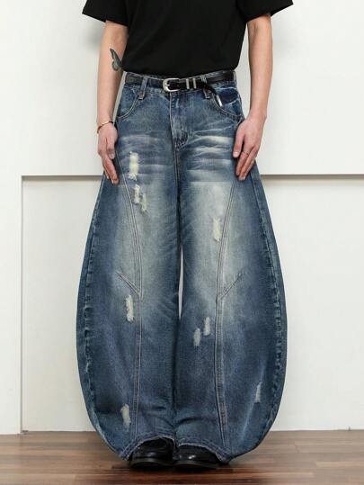 Street Life Men's Casual Boxy Fit Baggy Washed Distressed Cropped Jeans