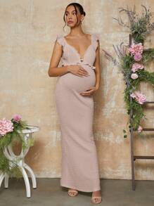 MaterniChic Valentine's Day White Ruffle Sleeve Slim Elegant Dress For Maternity - Baby Pink - View 6