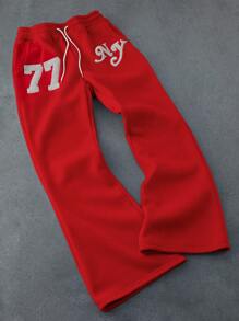 PAVTROS Men's Light Color New York Letter Flocking Pants, For Rave - Red - View 3
