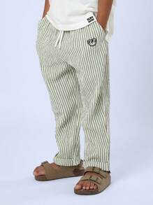 SUMWON Pull-On Elastic Waist Striped Pants Casual Wear Comfortable Summer Spring Children'S Bottoms With Cute Embroidered Patch - Olive Green - View 4