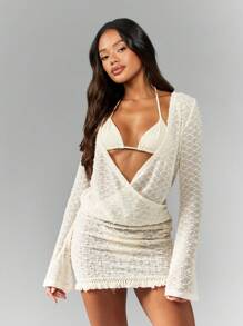 MISSGUIDED 波西米亚风针织裹身连衣裙，喇叭袖迷你派对珍珠串珠流苏婚礼宾客冬季假日特殊场合礼服 - 杏色 - 查看 1