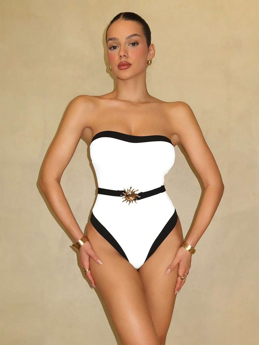 Swim Chiccia Women's Stylish Commuter Style Egg Yolk Color Matching Ant Fabric Metal Sun Accessories One-Piece Swimsuit For Summer Beach Vacation - Black and White - View 1