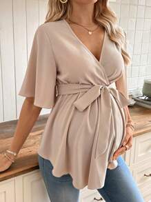 SHEIN V-Neck Ruffle Maternity Blouse With Belt