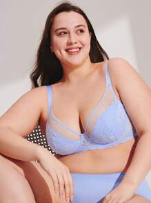 LUVLETTE 柔软女士内衣休闲曲线透视全覆盖支撑透气钢圈性感无衬里迷你蕾丝优雅网眼蓝色文胸新娘内衣 - 藍色 - 查看 11