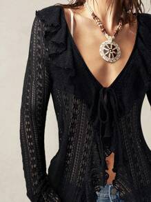 Bohemela Women's Casual Vacation Solid Color Lace Ruffle Collar Blouse - Black - View 6