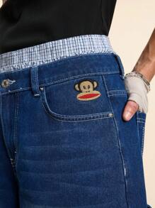 Paul Frank X SHEIN Men's Embroidered Multi-Pocket Casual Loose Denim Shorts