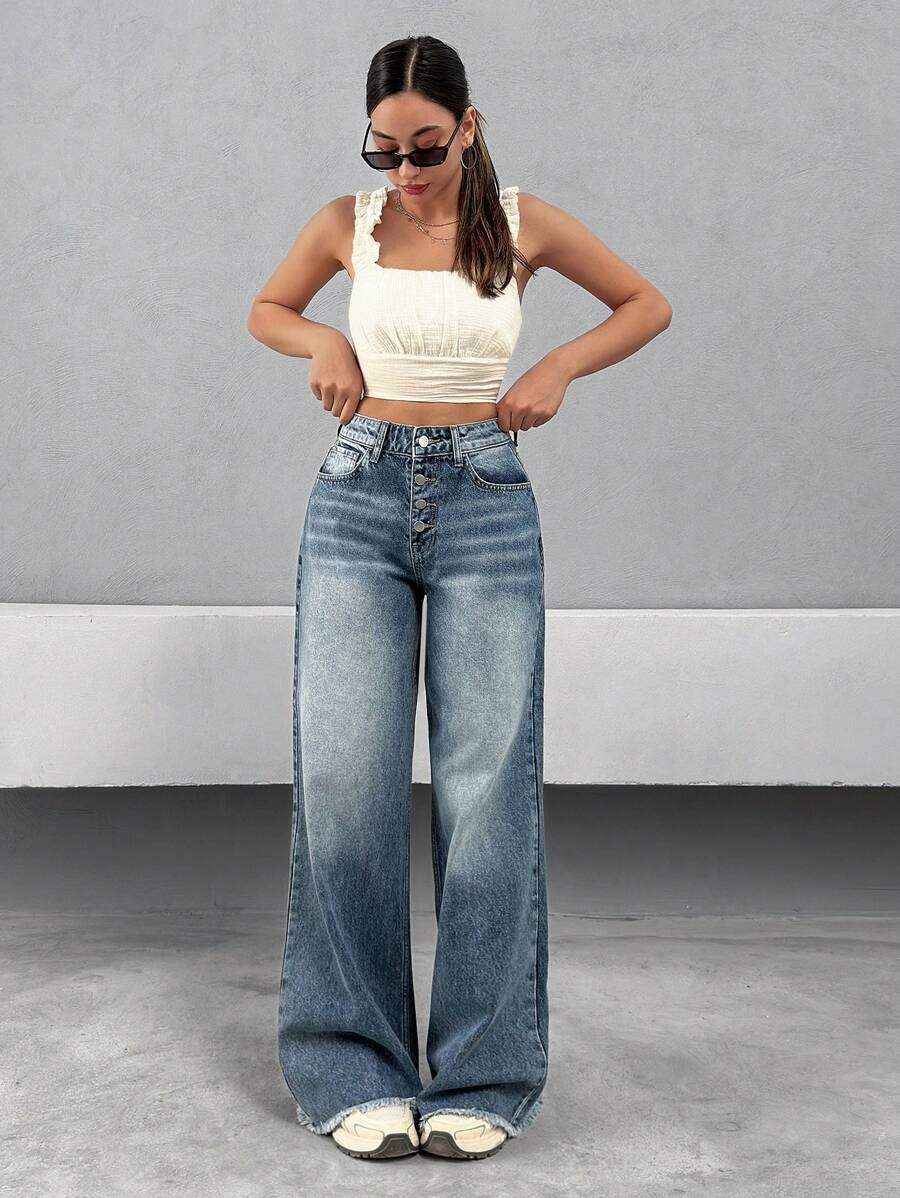 RueChic Women's Pocketed Button Front Straight Loose Casual Versatile Denim Jeans Women S Outfits Work Outfits For Women Women S Summer Tops Womens Summer Tops Women S Sets Women Jeans Plus Size Women S Clothes Women Summer Clothing Woman S Summer Clothes Women Summer Sets