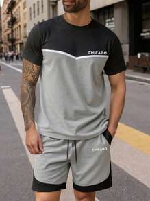 Manfinity Homme 2 pezzi/set, Maglietta a maniche corte con scollo rotondo e pantaloncini, di colore a contrasto, casual, per uomo taglia grande, estivo - Multicolore - Visualizzare 1