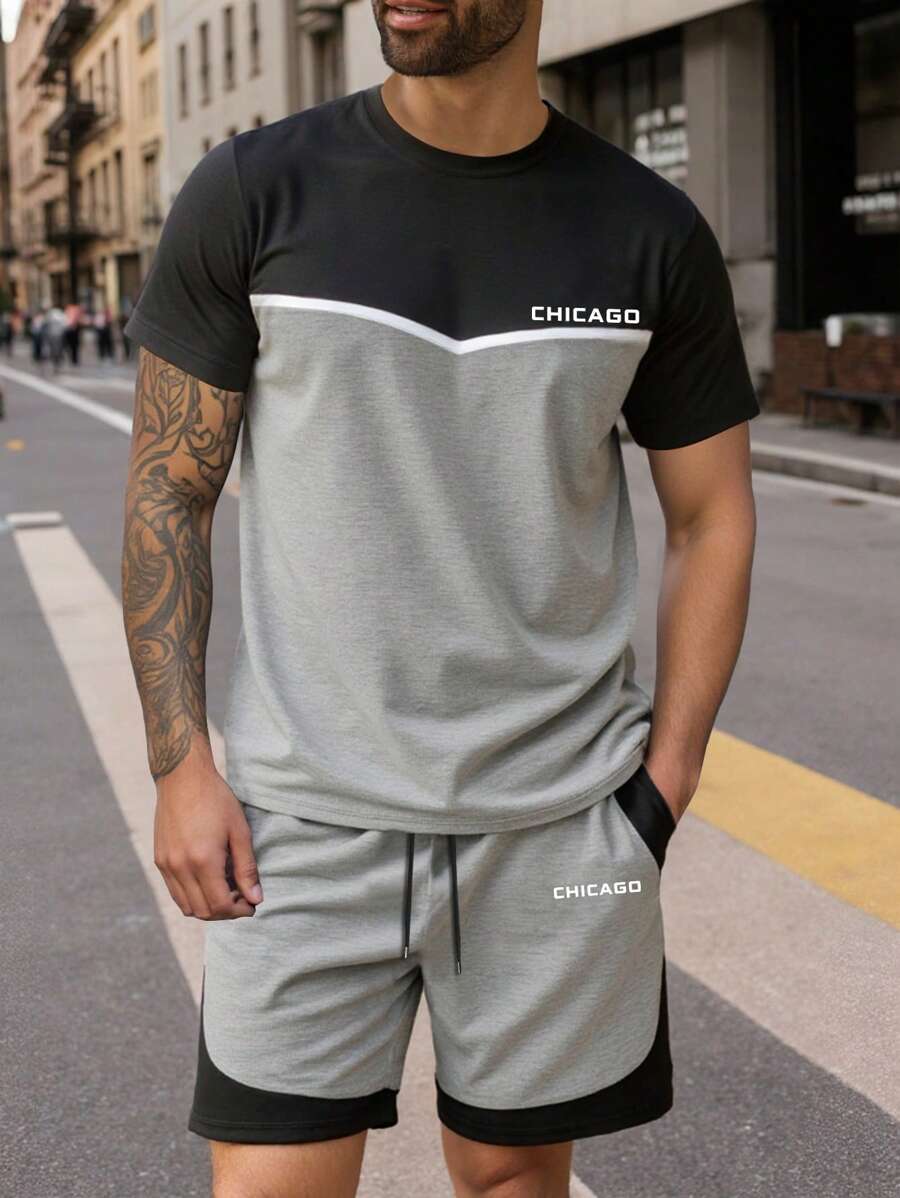 Manfinity Homme 2 pezzi/set, Maglietta a maniche corte con scollo rotondo e pantaloncini, di colore a contrasto, casual, per uomo taglia grande, estivo - Multicolore - Visualizzare 1